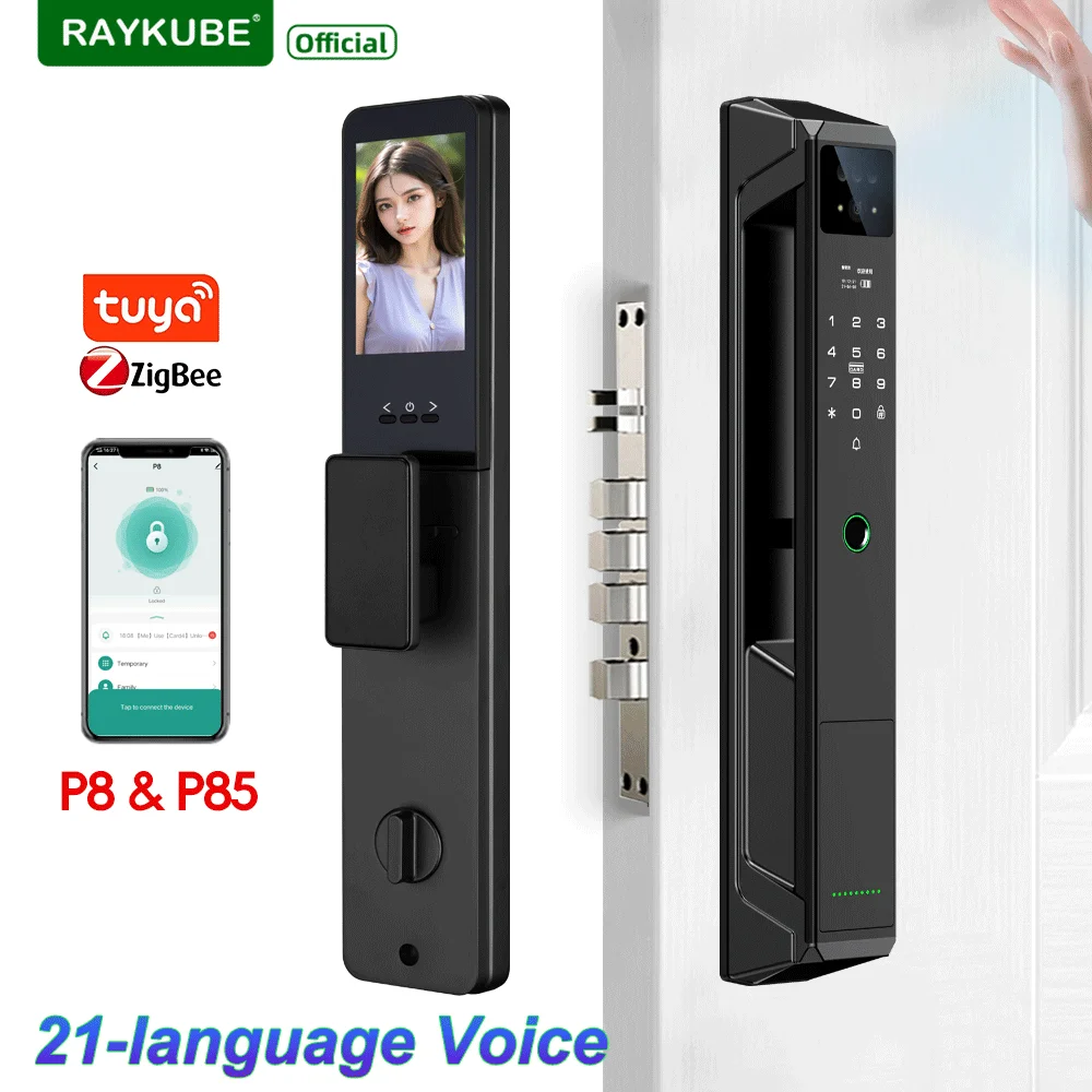

RAYKUBE P8 &P85 Tuya Zigbee Palm Vein Smart Digital Lock Face Recognition Biometric Fingerprint Door Lock With 21-Language Voice
