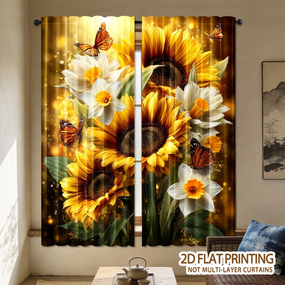 Hibiscus and butterfly pattern polyester overlock curtains, with pole-mounted design, suitable for living room and study room.