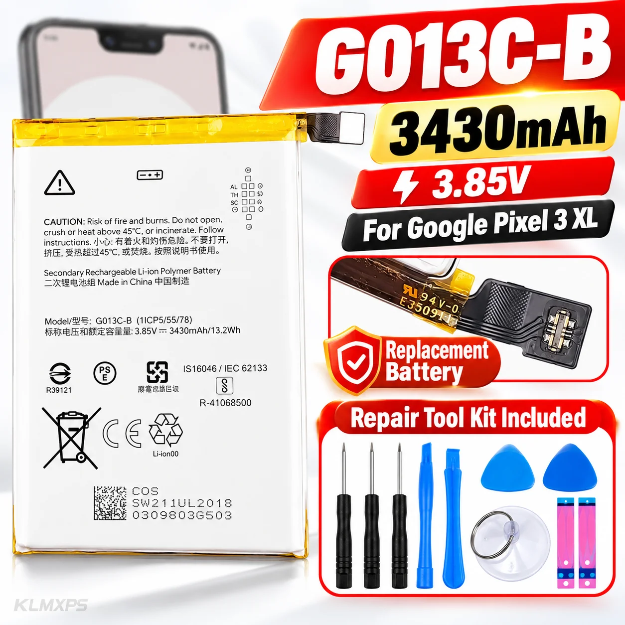 Replacement Battery G013C-B 13.2Wh for Google Pixel 3 XL Pixel XL3 Phone Battery 3.85V Li Polymer Cell Repair Kit Included