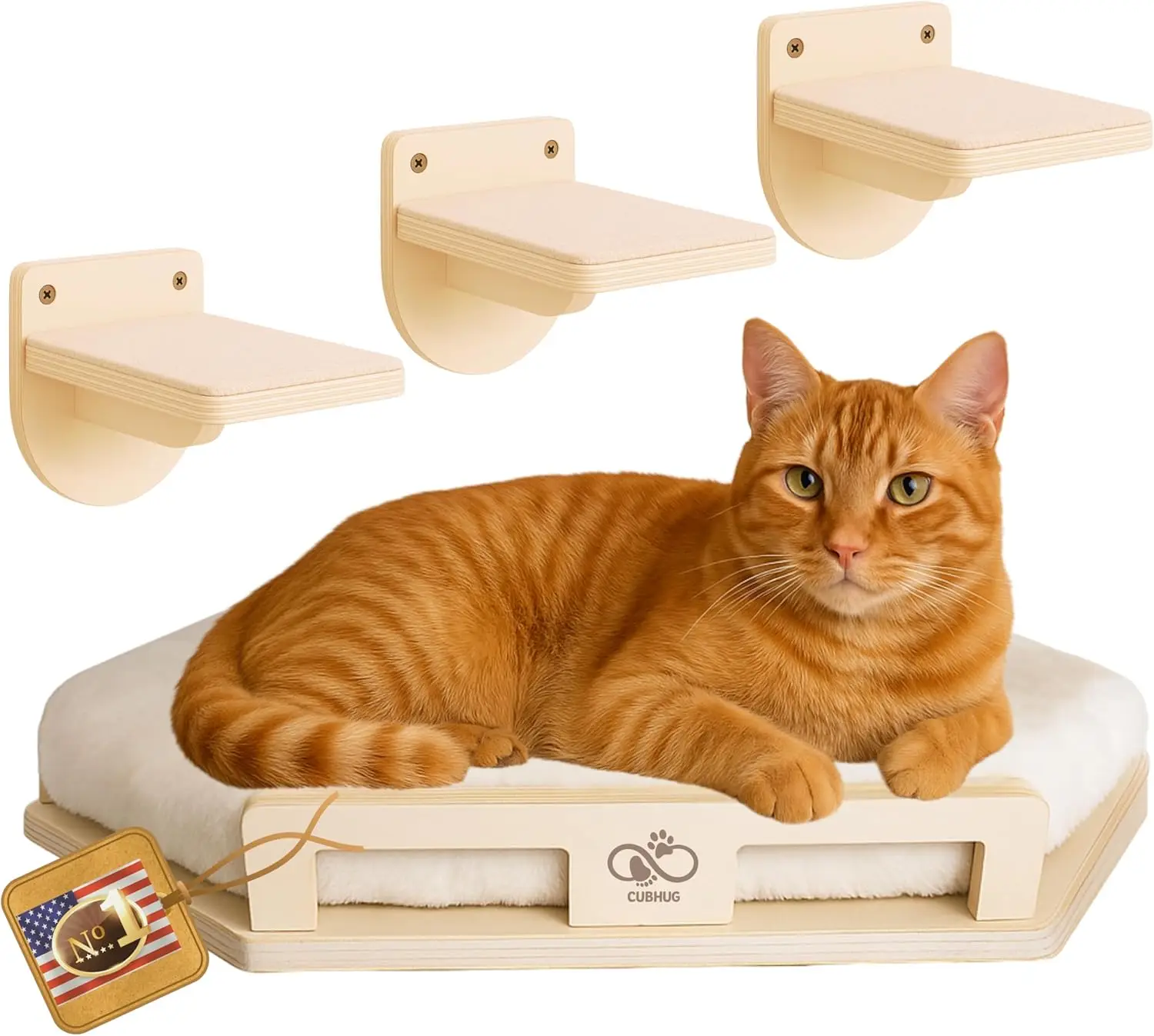 

Настенные полки для кошек из массива дерева с уютной лежанкой и ступеньками - выдерживают до 11 кг, в комплекте моющиеся чехлы.