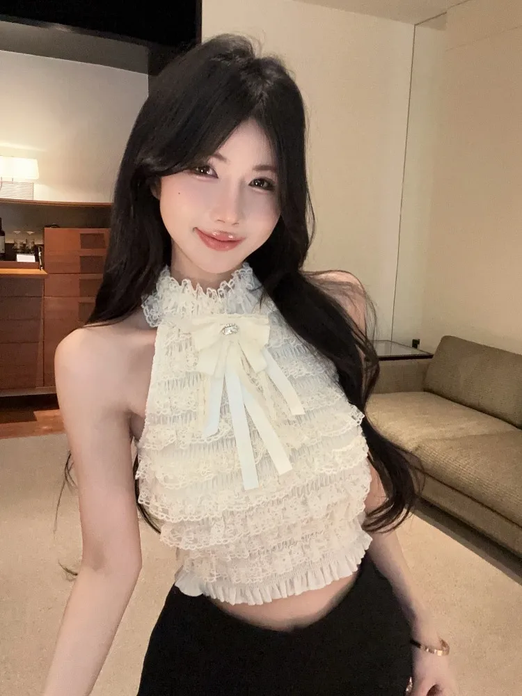 

Sweet Sexy Short Lace Vest Women's Fashion Korean Style Diamond Embellished Shoulder Bared Neck Hanging Design Breathable Sum...