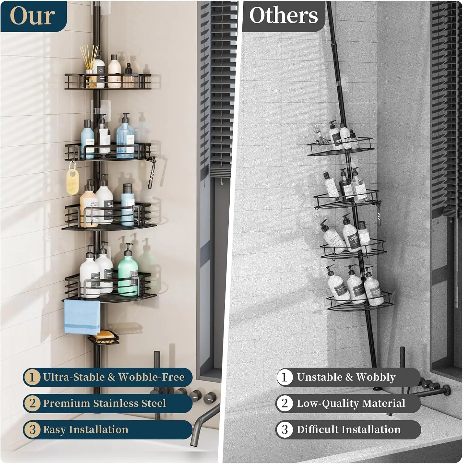 Corner Shower Caddy Organizer - Rustproof Shower Organizer Corner Tension Pole with Towel  & Soap Holder, Adjustable Shower 