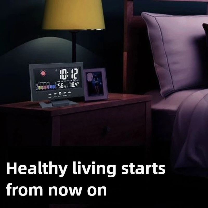 منبه إلكتروني ساعة منبه رقمية محطة الطقس الوقت درجة الحرارة الرطوبة عرض على مدار الساعة مع كابل USB التحكم في الصوت #2