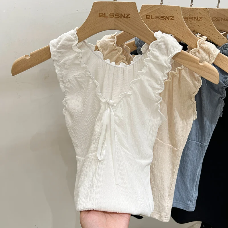 새로운 한국 스타일 솔리드 플리츠 엣지 탱크탑 여성 여름 민소매 섹시 보우 V넥 슬림 탑 여성 심플 스윗 큐트 베스트 Y2K