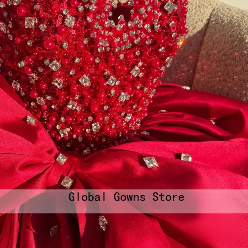 Customized Red Homecoming Dress Diamonds Pearls Beads Short Bespoke Cocktail Prom Party Gown Wedding Guest Vestidos