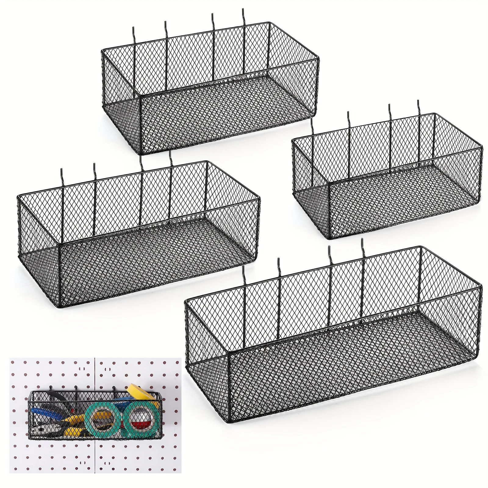 

4 Pack Pegboard Baskets Set 4 Size Metal Wall Organizer Square Style Wire Pegboard Bins Wall Mount Peg Board Tool Organization for Workbench Accessories Garage Storage(Black)