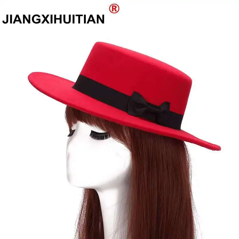 

2017 Gd Vintage Big Felt bow Caps Men and Women Sun Visor Hat Lady Bowler Fedora Hat Along The Plate Flat Wide Brim Woolen Hats