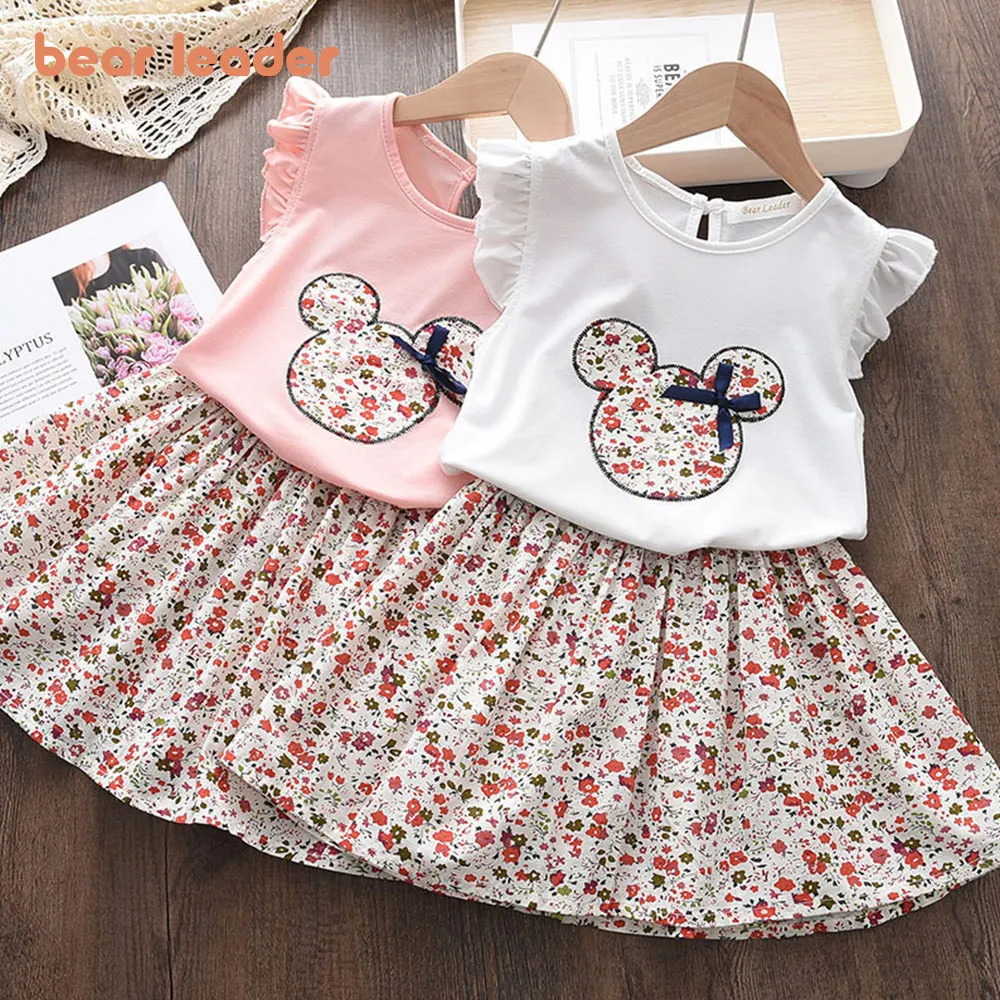 Bear Leader Summer 2Pcs Girls Clothes Sets Floral Cartoon Kids Ruffle Sleeve Top and Skirt Outfits Casual Girls Boutique Outfits