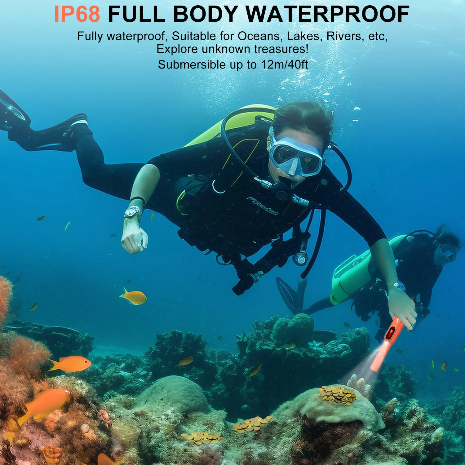 Металлоискатель Laselion, портативный металлоискатель для приключений на открытом воздухе, пинпоинтер, водонепроницаемый 360° °   Стержень металлоискателя бокового сканирования