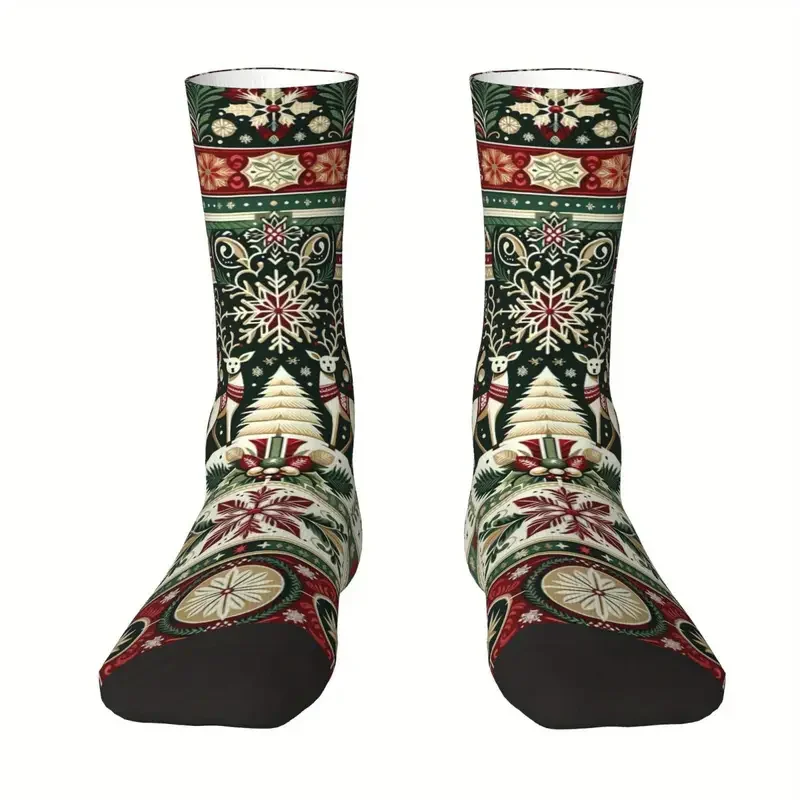 ユニセックス クリスマス ソックス 雪の結晶、ツリー、オーナメントが描かれたお祝いのホリデーデザイン、通気性があり、アウトドアスポーツに最適 クリスマス ソックス