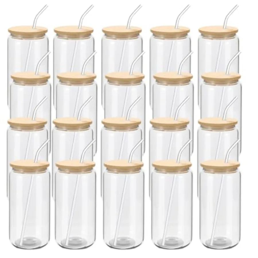 

20 Pack Glass Cups with Bamboo Lids and Glass Straw 16oz Beer Can Shaped Drinking Glasses Cups, Glass Tumbler Reusable Cute Cup