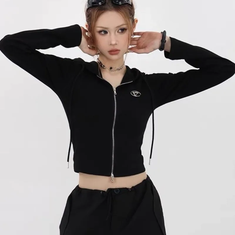 봄 가을 신상 미국 레트로 스타일 핫걸 슬림 후드티 코튼 지퍼 가디건 숏 후드티 여성용 얇은 후드 코트 스트릿웨어