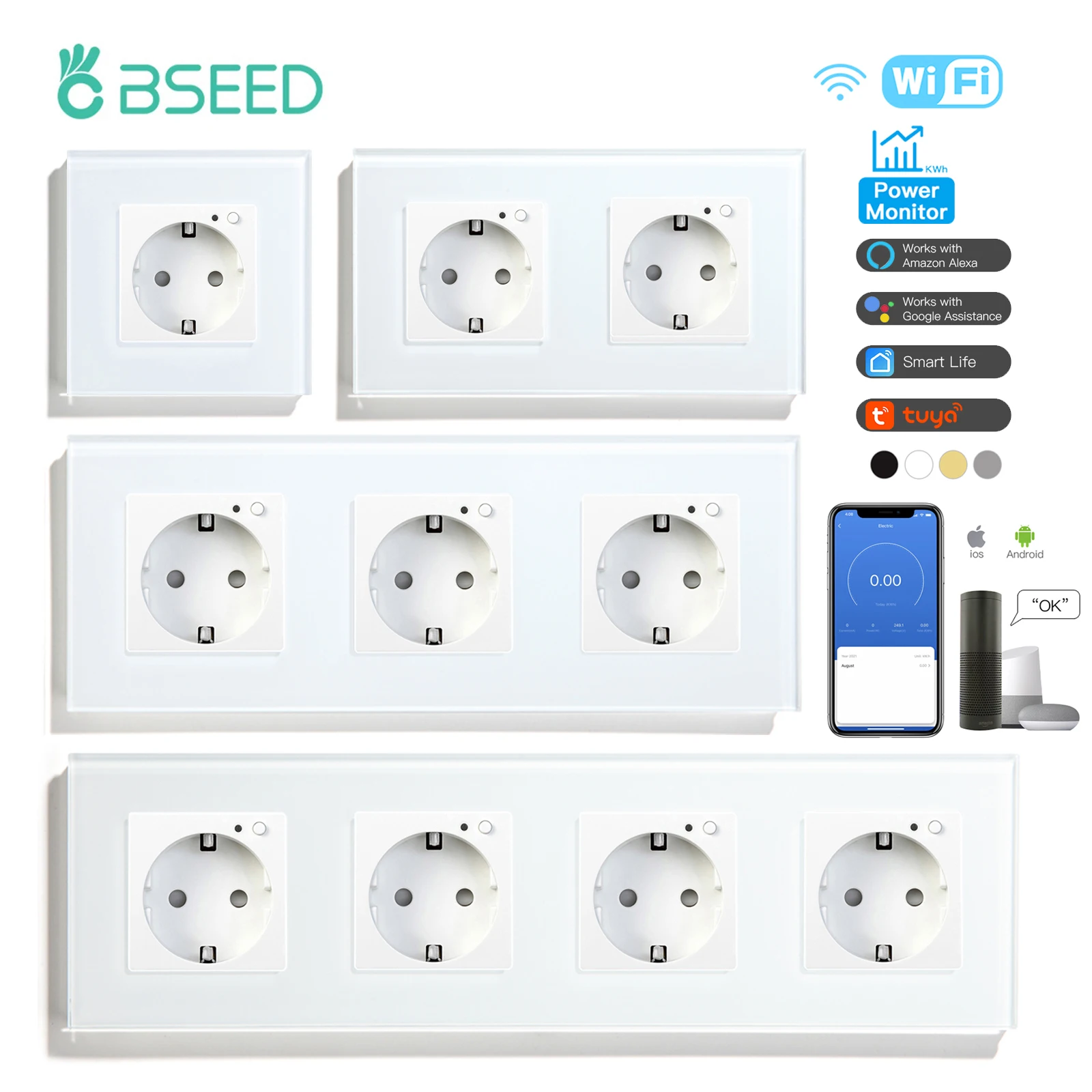 BSEED Wifi Sockets EU Wall Socket Smart Tuya Electric Sockets Power Monitor Google Smart Life Alexa Voice Control Glass Panel