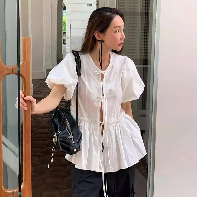 

Chic Summer Loose Fit round Ne Bubble Sve irt Women's Casual Splice Design Sense Knot Casual Loose Sle Blouse