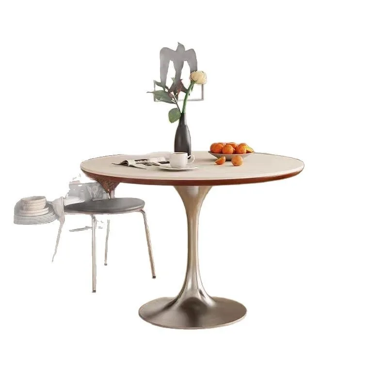 

Nordic retro solid wood rock slab dining table small apartment stainless steel light luxury round table