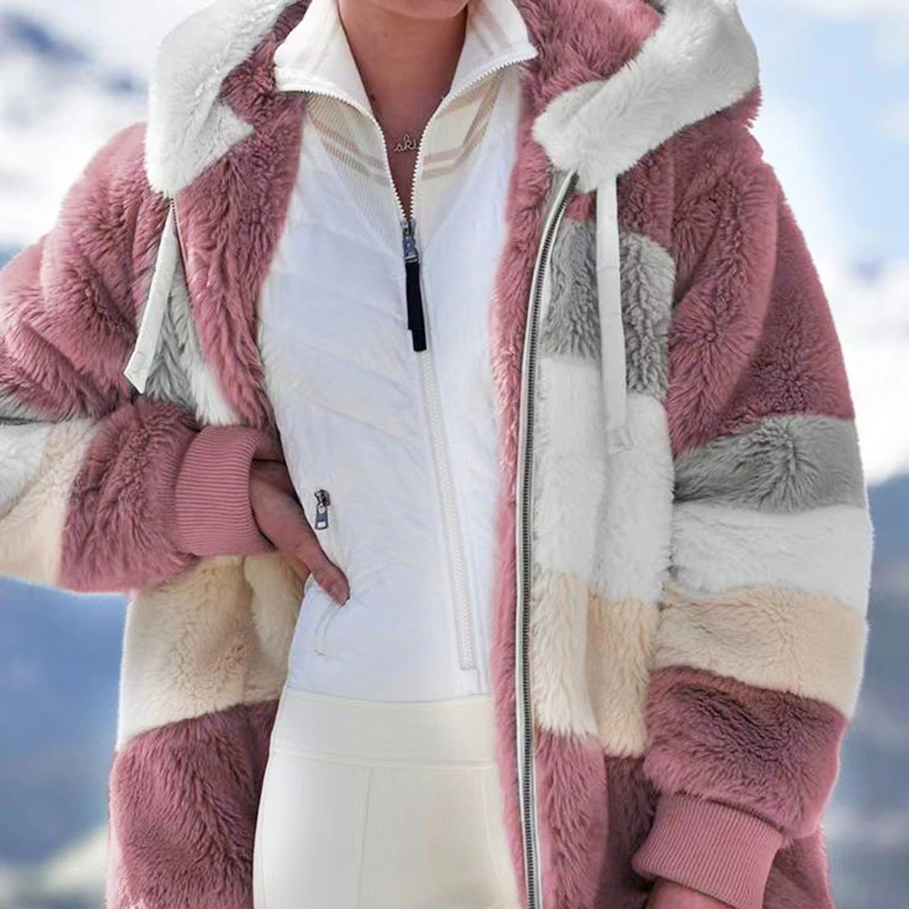 Casual Streetwear For Women Loose Outerwear Loose Lady Jacket L Warm Plush Coat Brand New Condition Contrast Color Pattern