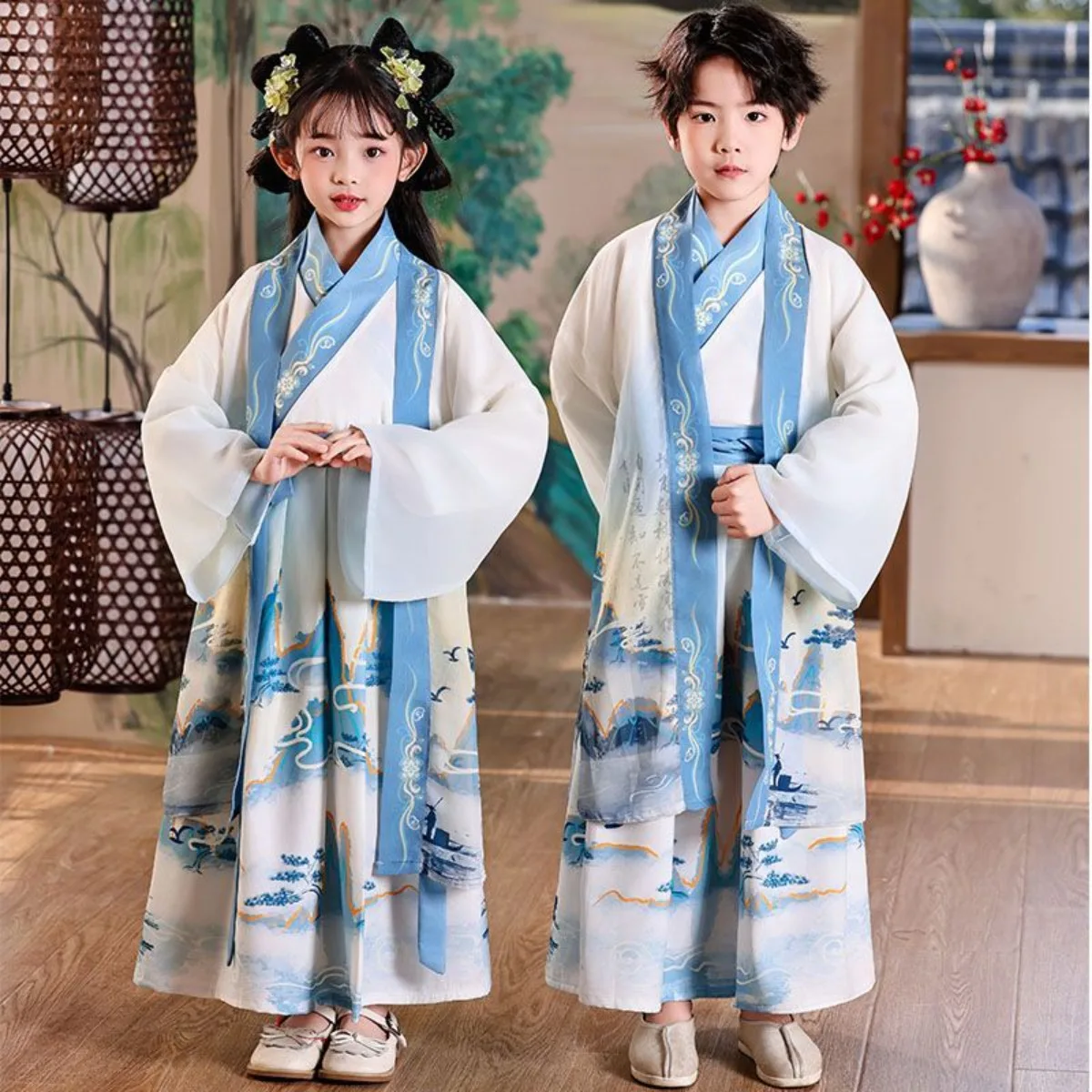 Kids Hanfu for Boys Girls, Guoxue Costume, Ruqun Style, Primary School Uniform for Three Character Classic & Choir Performance