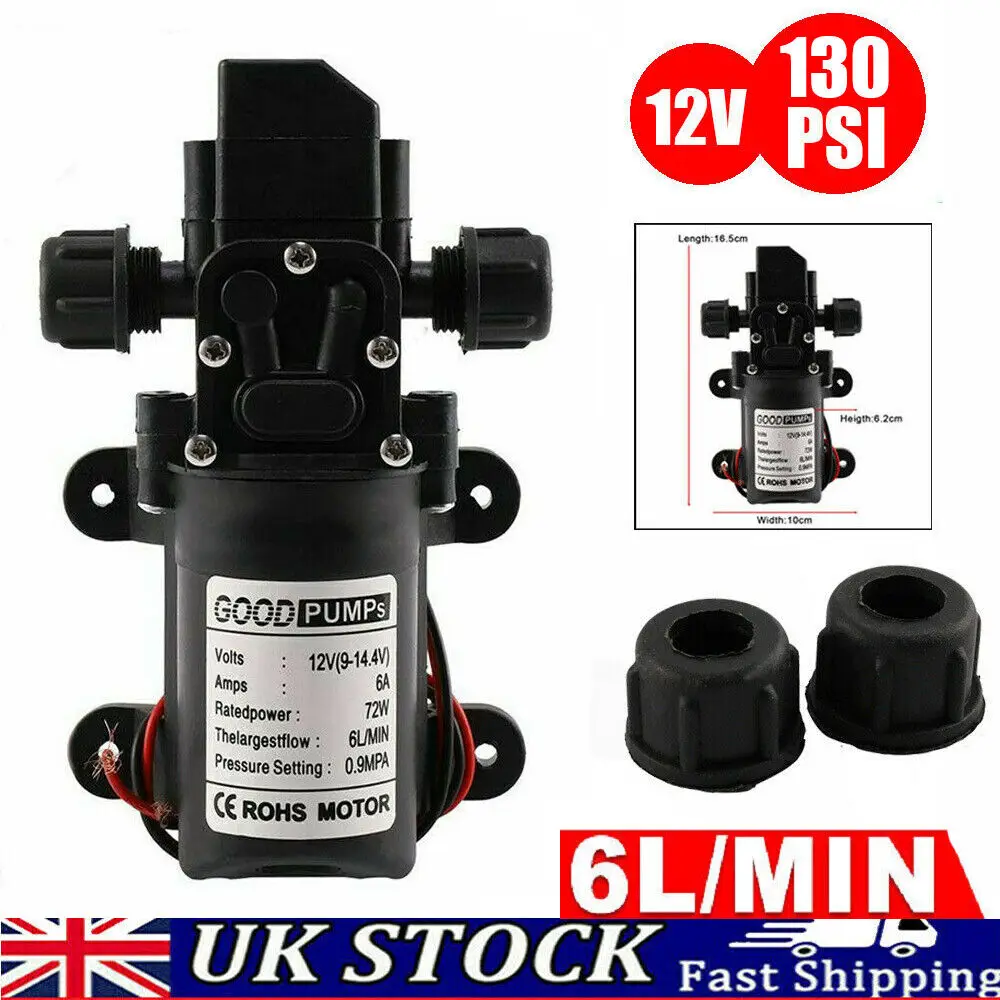 72W 12V Water Pump High Pressure Diaphragm Self-priming (No Pressure Switch) 7 160PSI 6L/Min RV Caravan