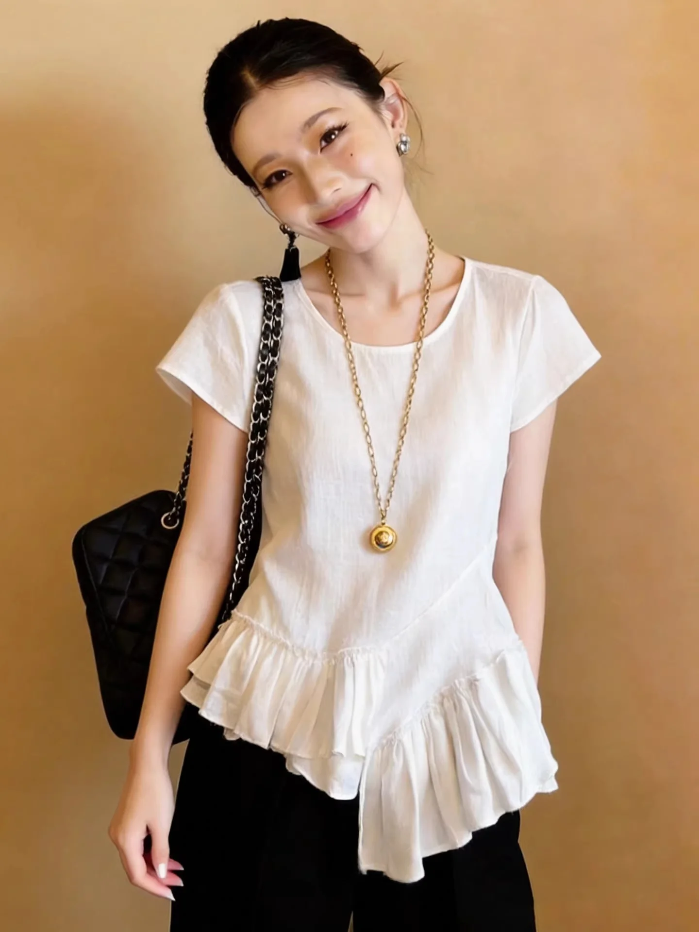 

Asymmetrical Hem Short Sleeve T-Shirt Women's Loose Casual Summer Fashion Leaf White Top French Style round Neck Shirt