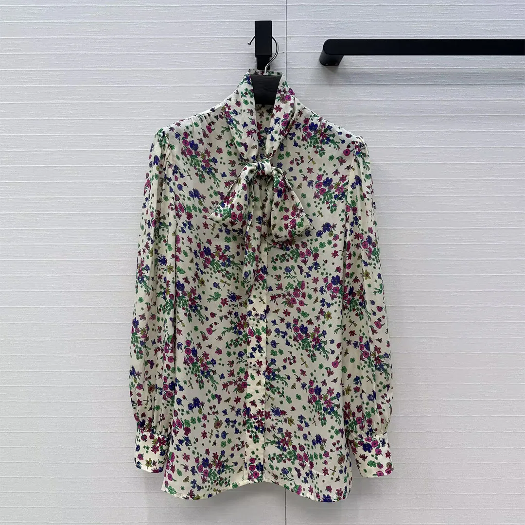 

2026 New Spring Autumn Fashion Floral Print 100% Silk Shirt Women Lace-up Bow Collar Long Sleeve Casual Sweet Retro Blouse Tops