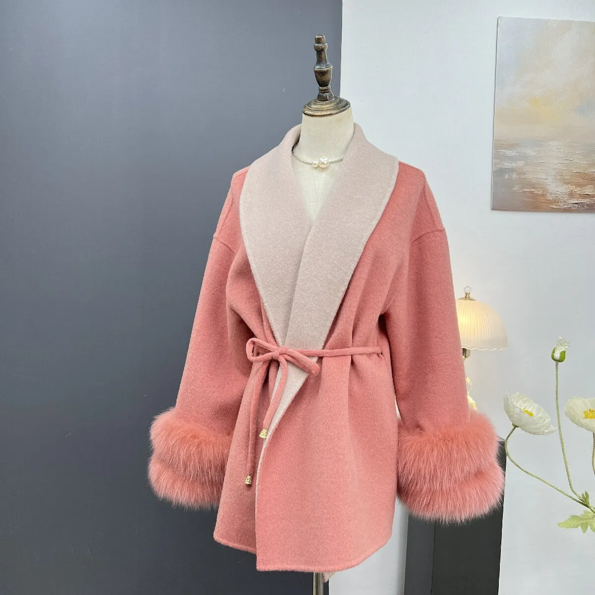 2024 New Cashmere Double sided Coat for Women, Medium to Long, Fur Cuffs, Two tone Woolen Fur Coat