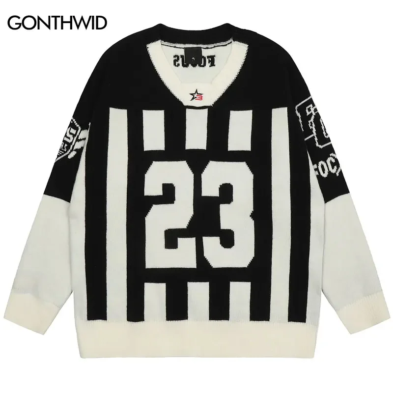 Vintage Sweaters Y2K Knitted Patchwork Racing Sports Jumper Streetwear Men Hip Hop Casual V-Neck Pullover Harajuku Sweater