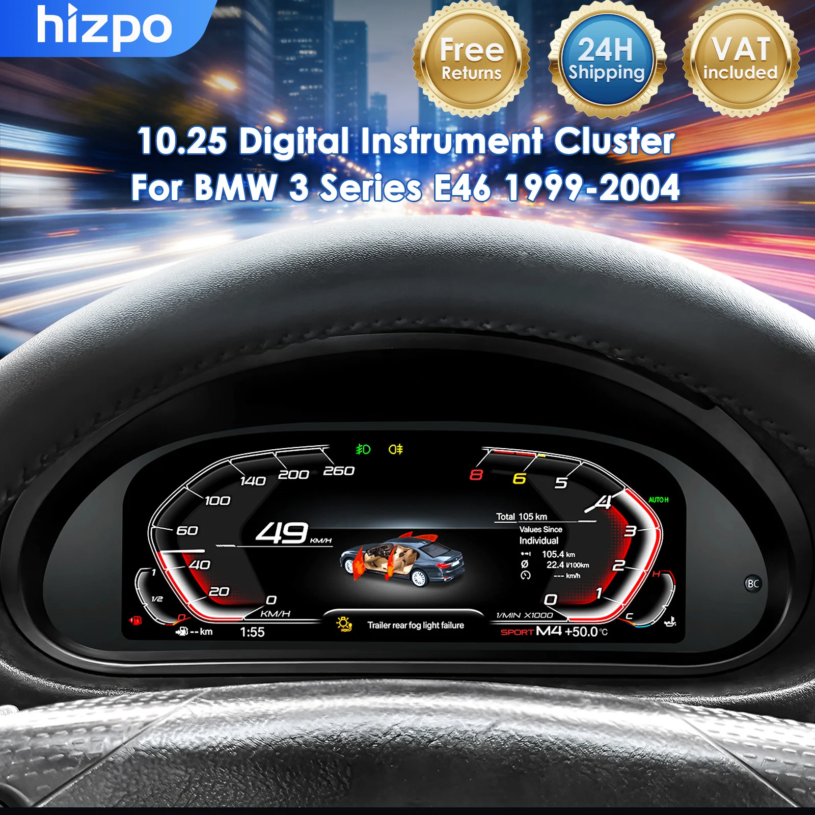 Hizpo 10,25 inch cluster dashboard voor BMW 3-serie E46 1999-2004 snelheidsmeter LCD instrumentenpaneel digitaal instrument