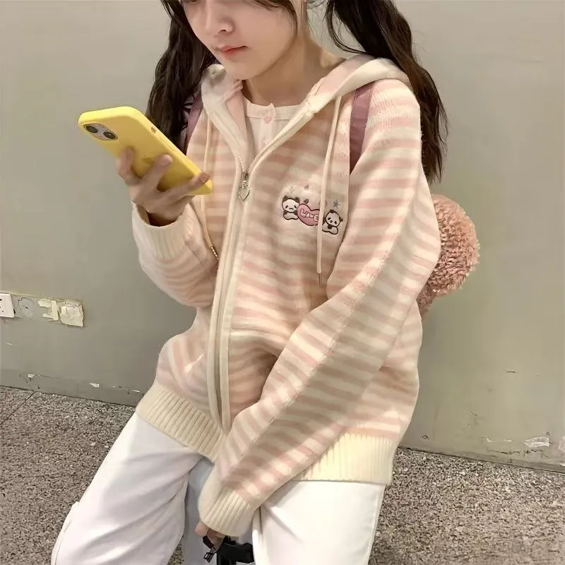 

Милая толстовка с капюшоном Y2k, эстетический мультяшный вышивка, кардиганы с капюшоном, повседневный розовый топ в полоску в стиле каваи, женский японский свободный свитер на молнии