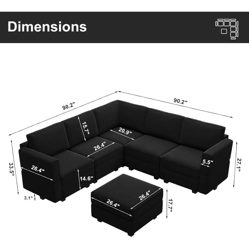 Modular Sectional Sofa with Storage Seats Velvet L Shaped Corner Couch Convertible Sectional Sofa with Chaise Black