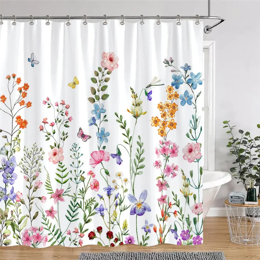 Botanical Floral Printed Shower Curtain Green Eucalyptus Leaves Colourful Flowers Polyester Fabric Shower Curtain Bathroom Decor