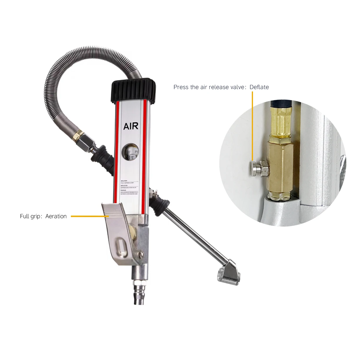 

Heavy Duty Aluminum Alloy Tyre Inflator Gage with 1/4" NPT Fitting and Rubber Hose for Europe Market