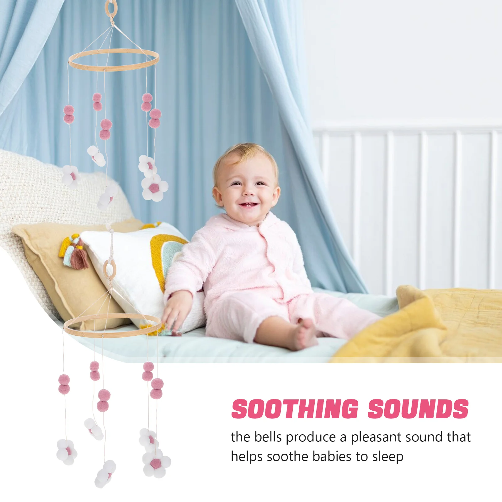 Carillon éolien nordique à Pom fleur, cloche de berceau Mobile suspendu pour pépinière, Mobile décoratif pour bébés garçons et filles, décor de berceau de pépinière