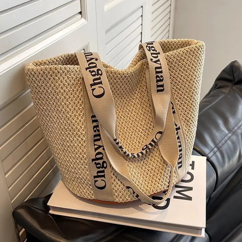 

Straw Woven Tote Bag Women Large Capacity 2024 New Spring Summer Beach Shoulder Purse Commuter Bucket Bag