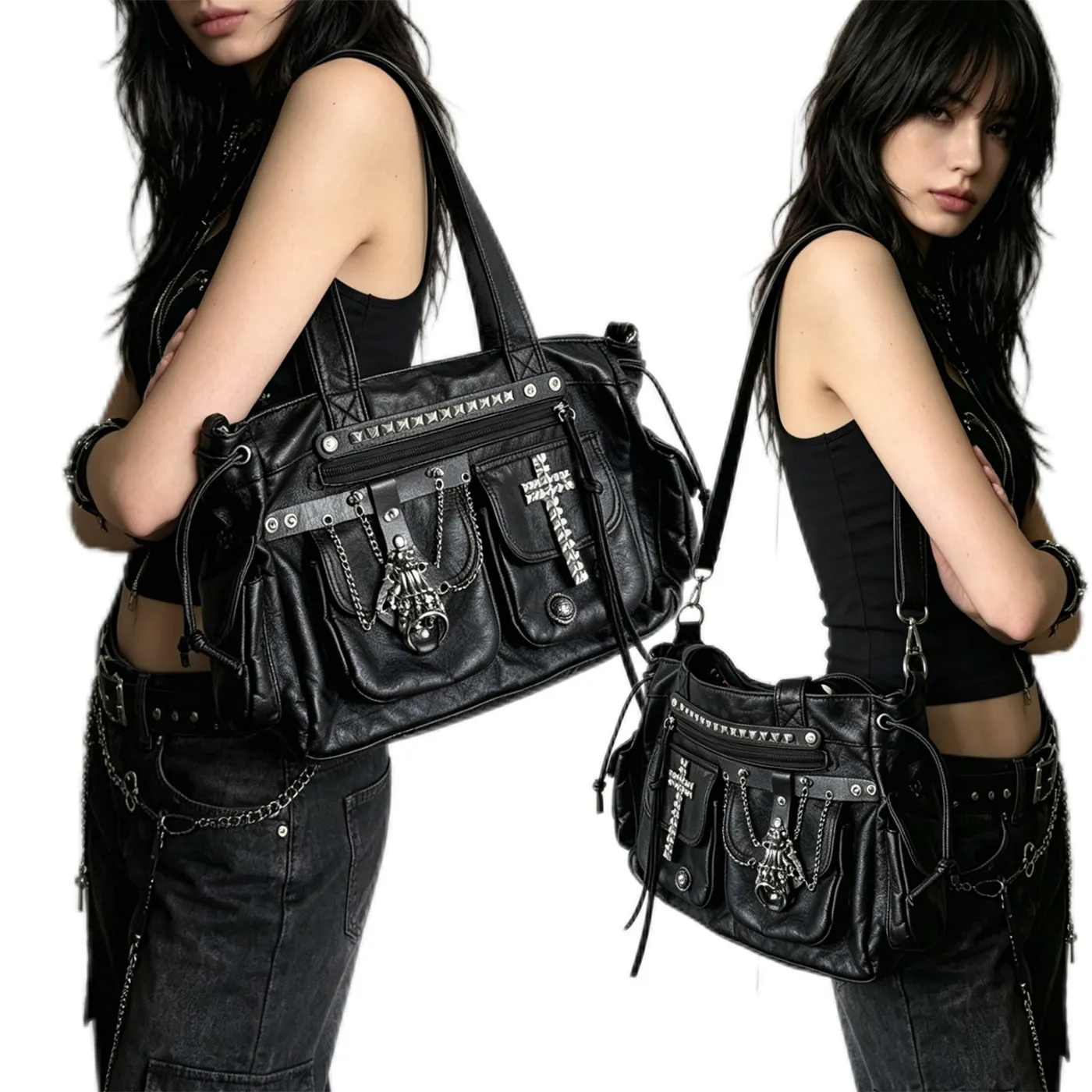 Sweet Cool Tote Bag Black Cross Y2K Large Capacity Shoulder Bags Unique Underarm Commuter Messenger Bag