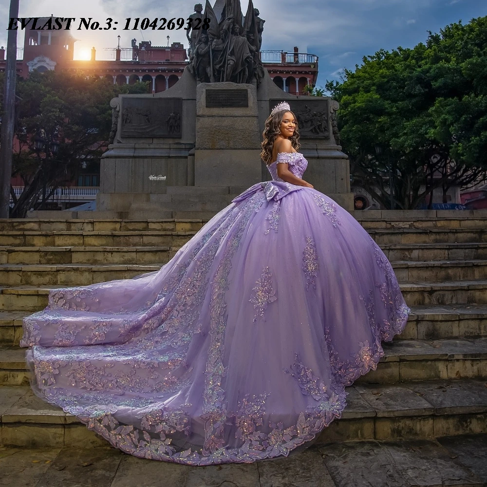

EVLAST блестящее сиреневое платье Quinceanera по индивидуальному заказу, бальное платье с кружевной аппликацией и бантом из бисера, корсет Sweet 16, Vestidos De 15 Anos E3Q744