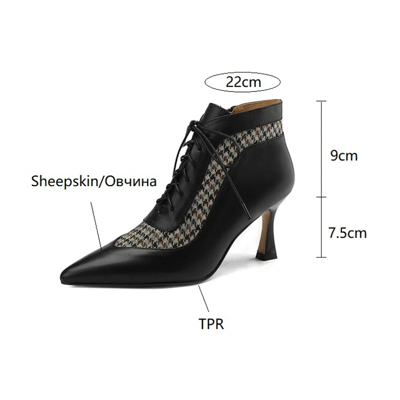 Nowe jesienne buty damskie buty do kostki ze skóry naturalnej szpiczasty nosek buty na wysokim obcasie dla kobiet kraty czarne buty Retro nowoczesne