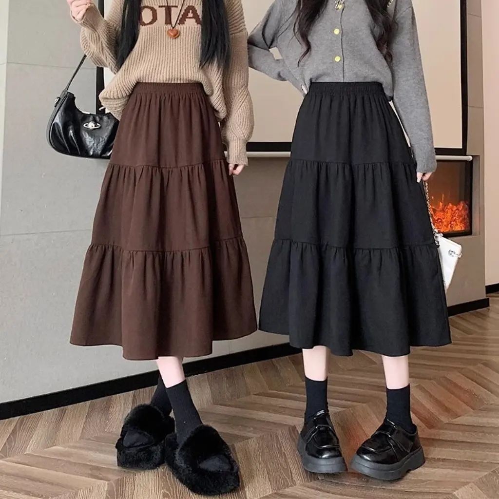 

Black High Waist Pleated Skirt for Women A-Line Mid-Length Slimming Cake Style Spring Autumn 2024 New Arrival
