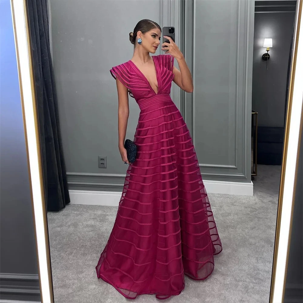 

Fuchsia Evening Dress Customized Deep V Neck Sleeveless Pleat Evening Gonws Floor Length A Line Wedding Party Dress 2025