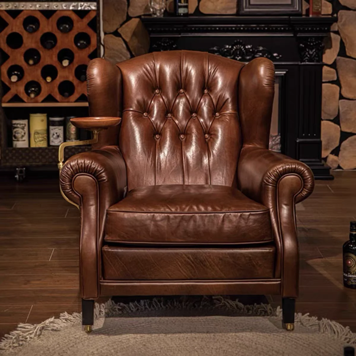 Classic French retro style 1919 cigar chair, antique oil wax genuine leather buckle sofa chair, cigar bar godfather chair, whisk