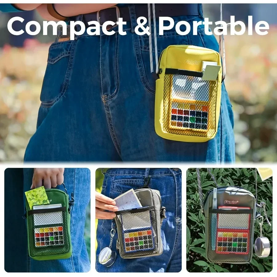 ชุดสีน้ำสำหรับเดินทางแบบออลอินวันขนาดกะทัดรัด 24 สี พร้อมกระเป๋าคาดลำตัว สมุดบันทึกสีน้ำ ถ้วยน้ำสำหรับผสมสี และปากกาขนาดพกพา