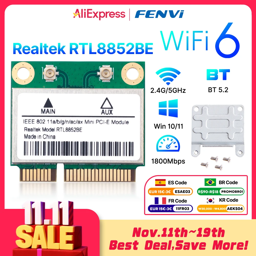 Fenvi WiFi 6 RTL8852BE Mini PCI-E karta sieciowa Blue-tooth 5.2 AX1800 Dual Band 2.4G/5GHz Wlan bezprzewodowy adapter dla Windows 10/11