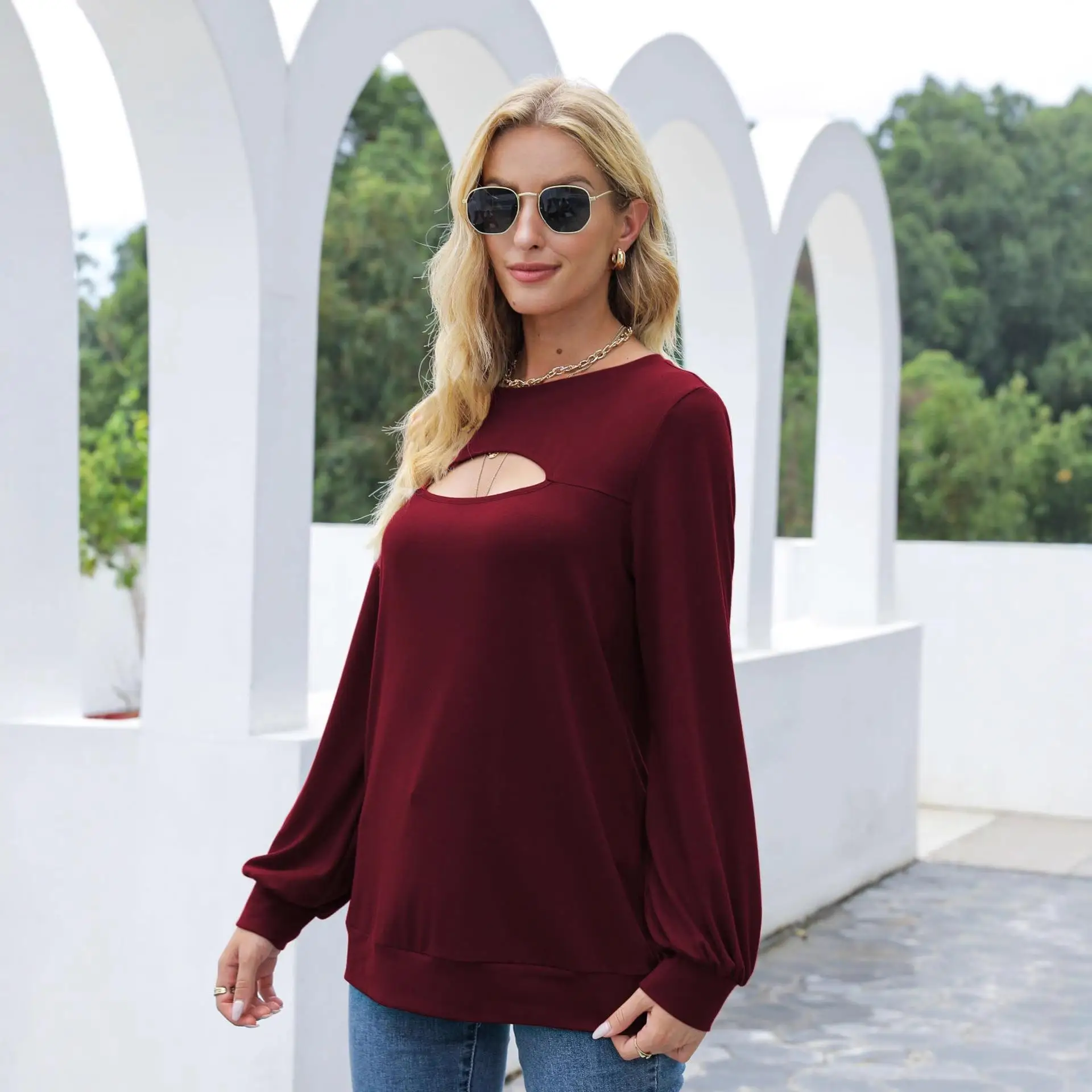 تي شيرت نسائي طويل مجوف من قماش البوليستر ذو قصة مستقيمة بتصميم فتحة Sve للشتاء من Faion L... #3