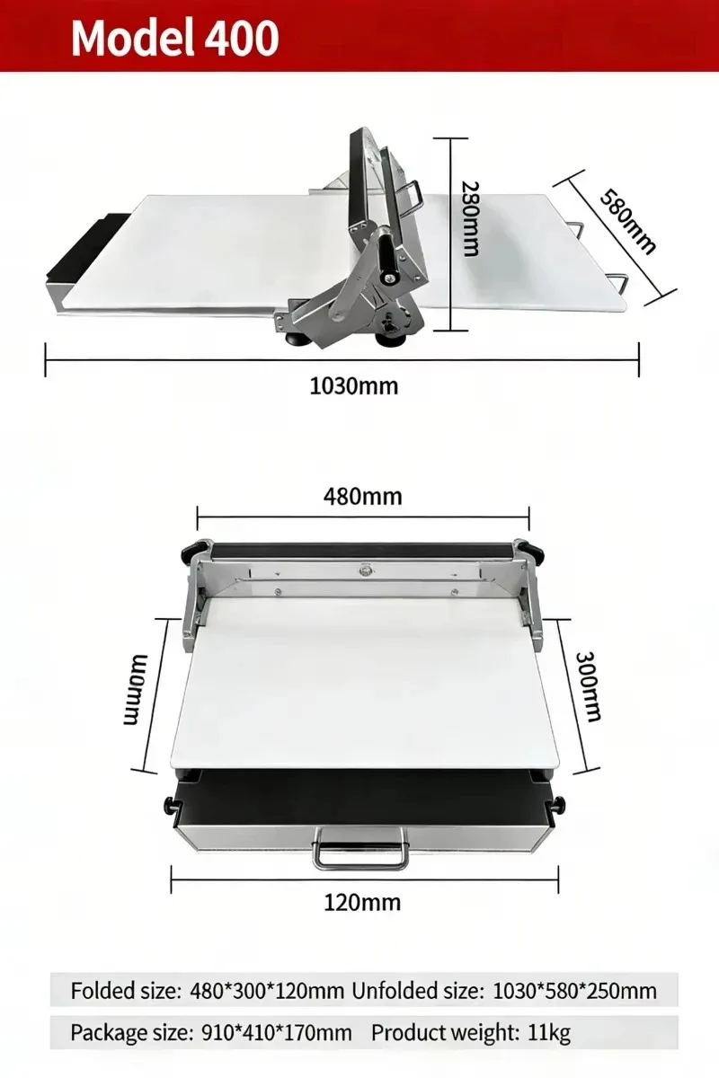 Small Commercial Foldable Dough Sheeter 400 Type Manual Operation Scale Non-Stick Roller for Puff Pastry Pie Crust Bakery