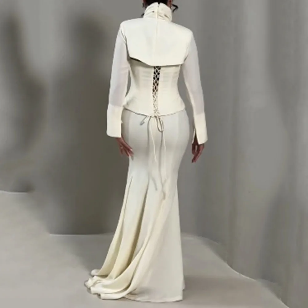Customized Mermaid Evening Dresses Floor-length High-neck Full Sleeve Prom Gown Fashion Lace-up Simple Draped Casual Party Gown