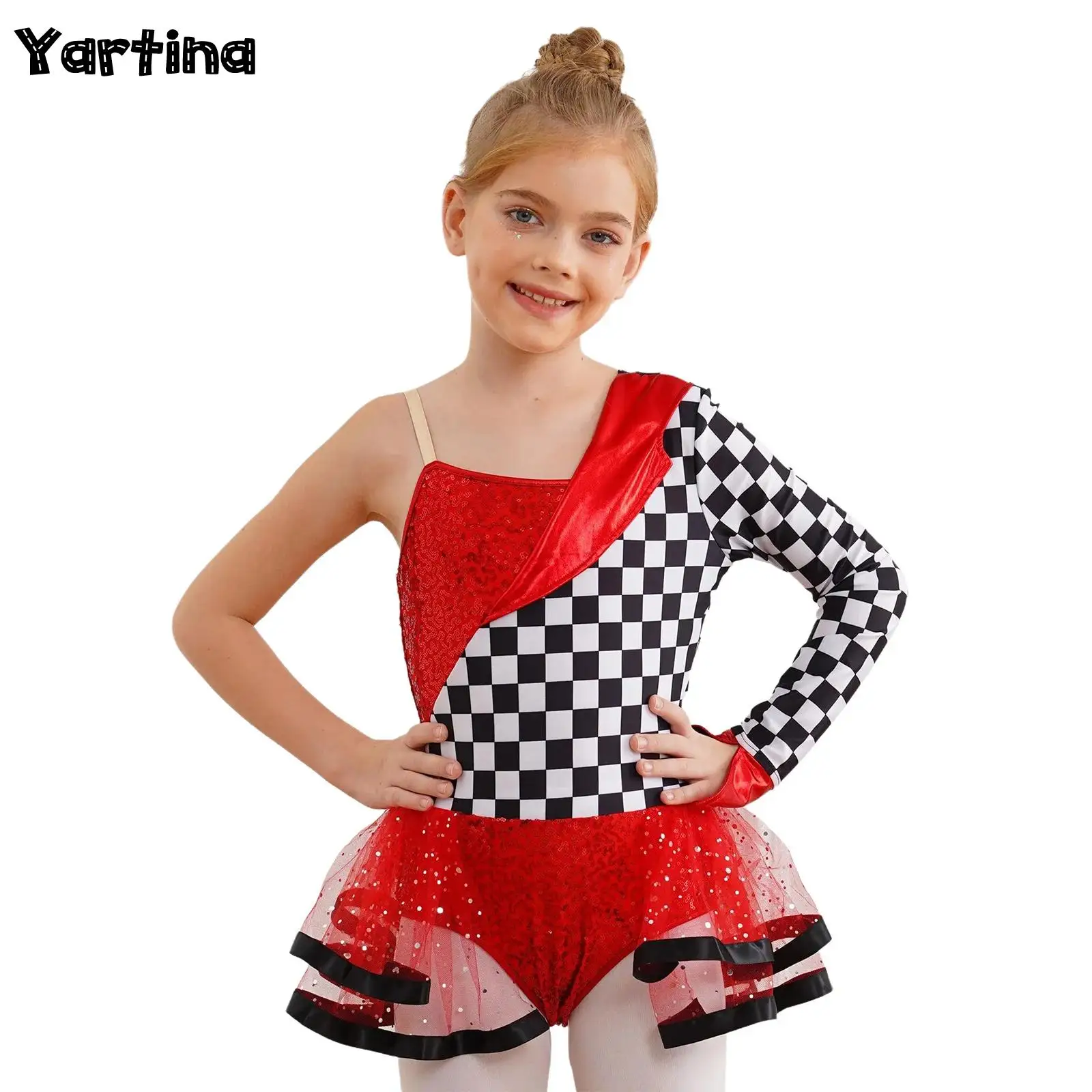 

Girls Sequins Racer Cosplay Costume One Shoulder Single Sleeve Checkerboard Shiny Tutu Dress Halloween Race Car Driver Costume