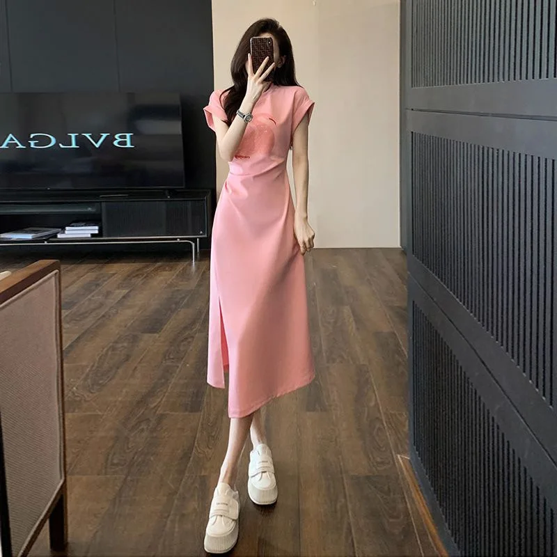 French Style Dress Women's Summer Pleated Waist Cover Pink T-shirt Skirt