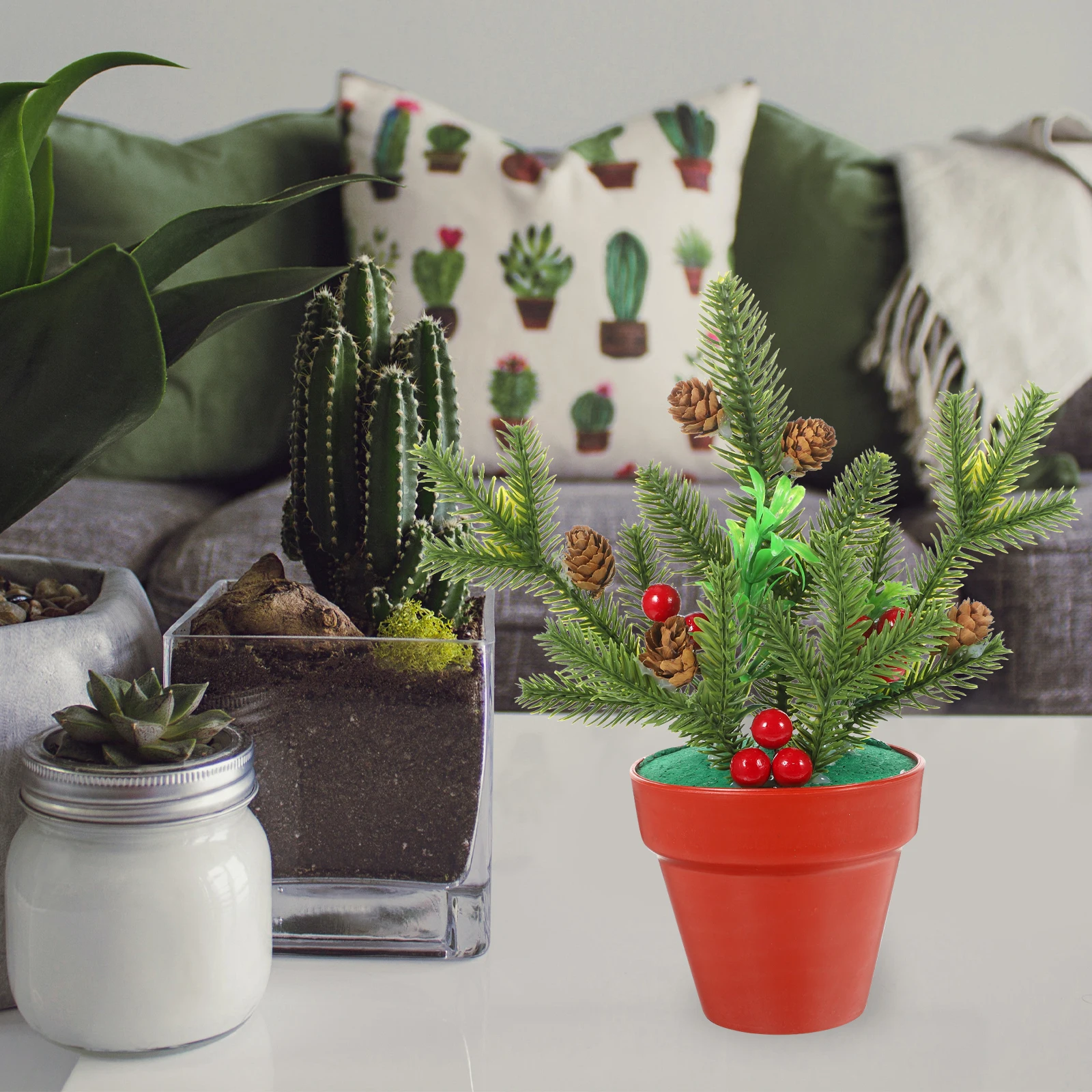 

Simulated Pine Branch Decoration Mini Artificial Christmas Potted Plant Creative Indoor Adornment for Shelf Home Bar Hotel