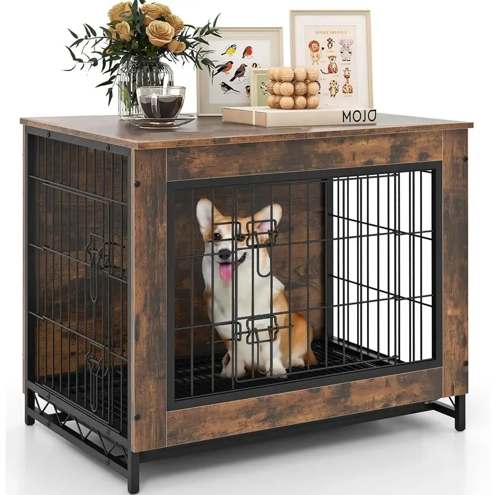 

Rustic Brown 27 Dog Crate Side Table with Removable Tray, Double Door Access, Suitable for Small Dogs