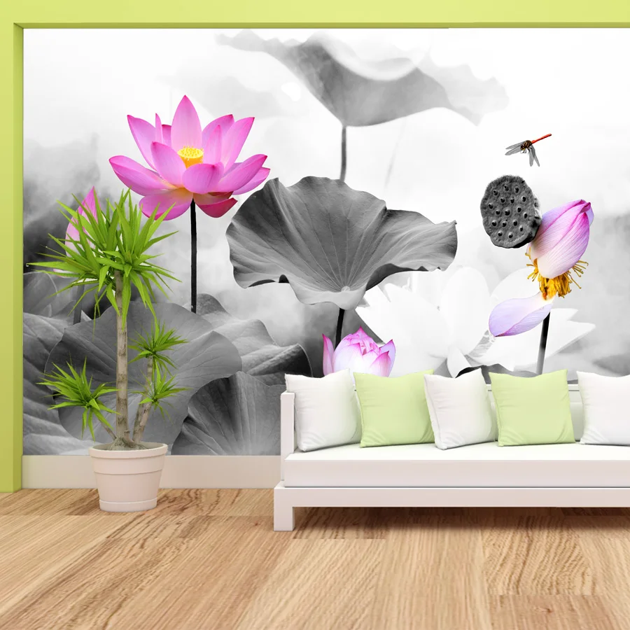 Self Adhesive Optional, 5+ Nature Watercolor Floral Lotus Painting Wallpapers Decor Panel for Living Room Girls Mural Covering