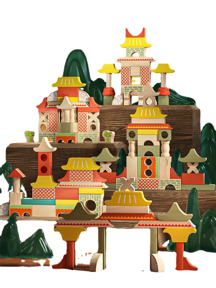 55pcs Wooden Puzzle Chinese Style Building Blocks Set Children Toy Constructor Stacking Board Games Montessori Interactive Toys